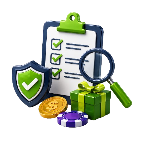 Casino Wager checklist illustration with a magnifying glass, shield, gift box, chip and coin.