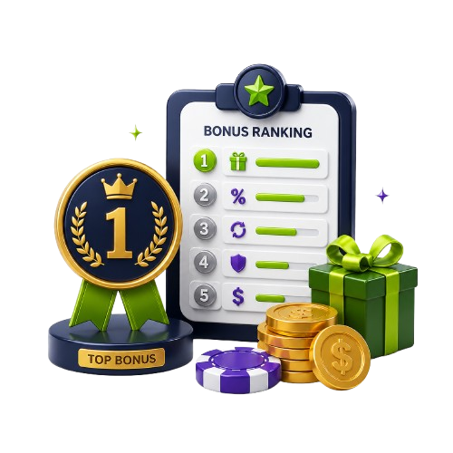 Casino Wager ranking illustration showing a ranked bonus checklist, medal, gift box and coins.