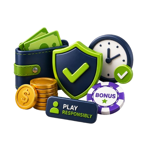 Casino Wager responsible play illustration with a shield, wallet, clock, chips and bonus token.