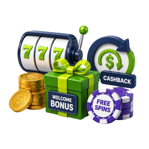 Casino Wager illustration showing welcome bonuses, free spins, cashback, chips and a slot reel.