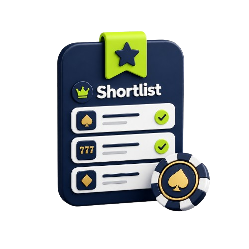 3D Casino Wager style shortlist illustration with saved casino list and star bookmark.