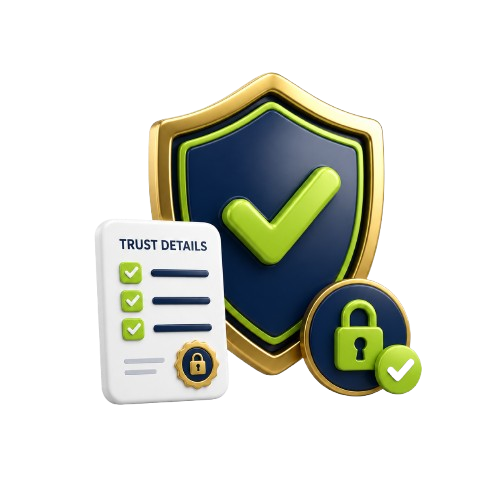 3D Casino Wager style trust details illustration with shield, checklist and secure lock.