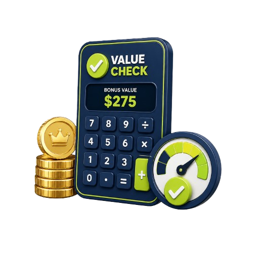 3D Casino Wager style value check illustration with calculator, coins and value gauge.