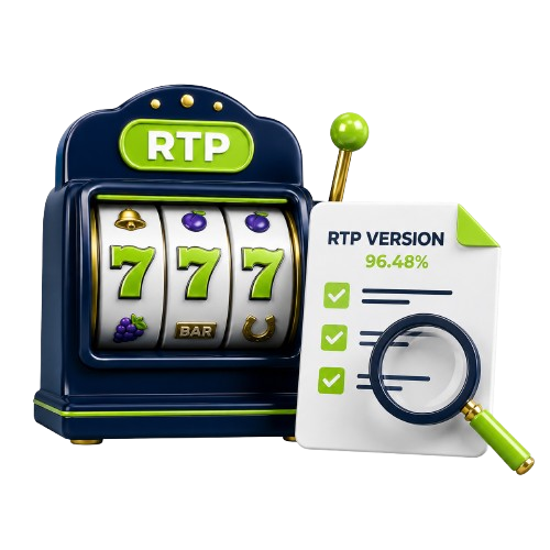3D illustration showing an RTP version checklist, slot machine and magnifying glass.