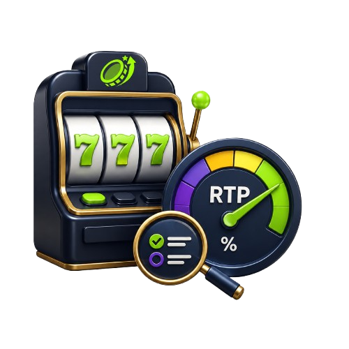 3D Casino Wager style illustration showing a slot machine, RTP gauge and comparison tool.