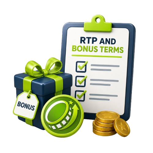3D Casino Wager style illustration showing RTP, bonus terms, a gift box and checklist.