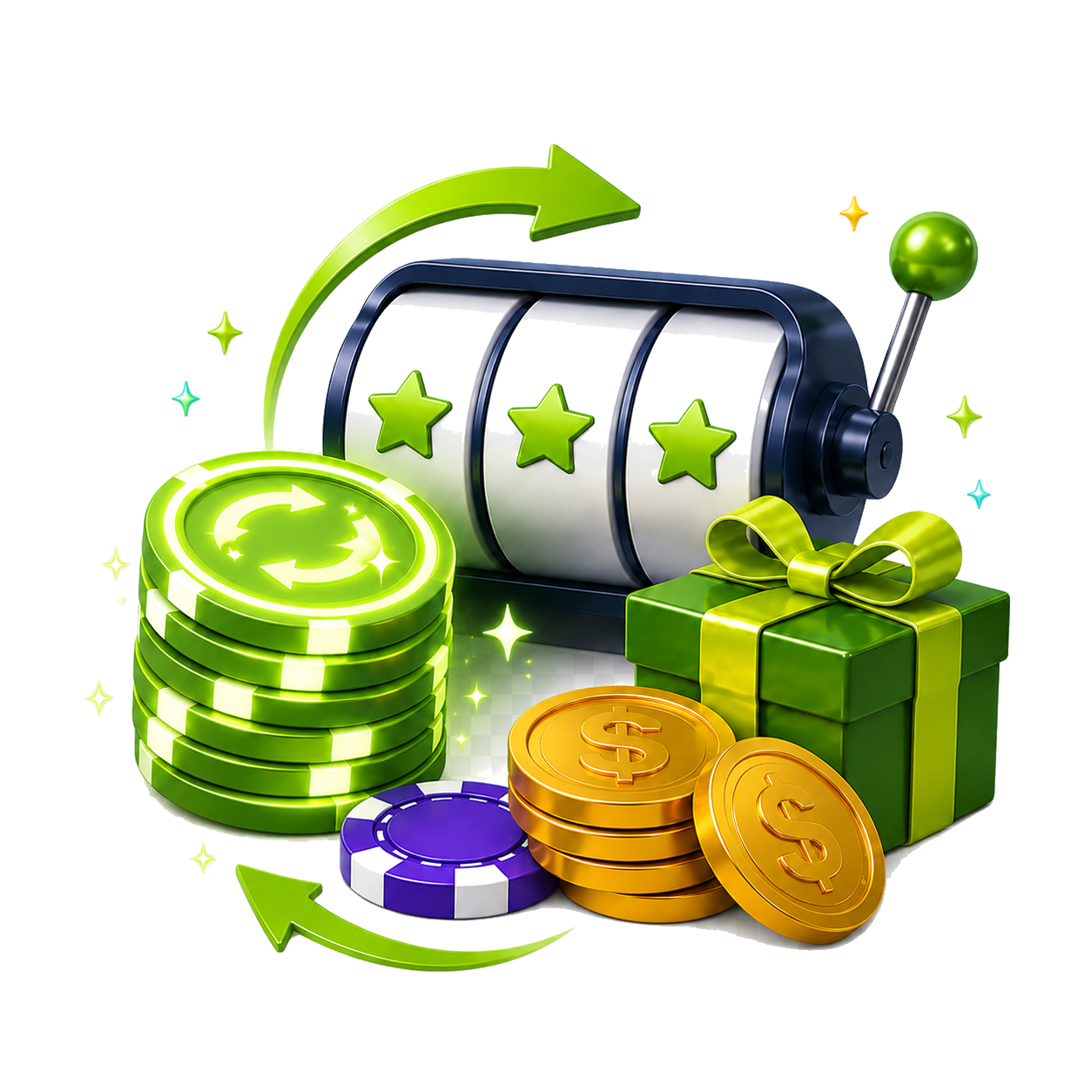 Casino Wager free spins illustration with a slot reel, gift box and reward tokens.
