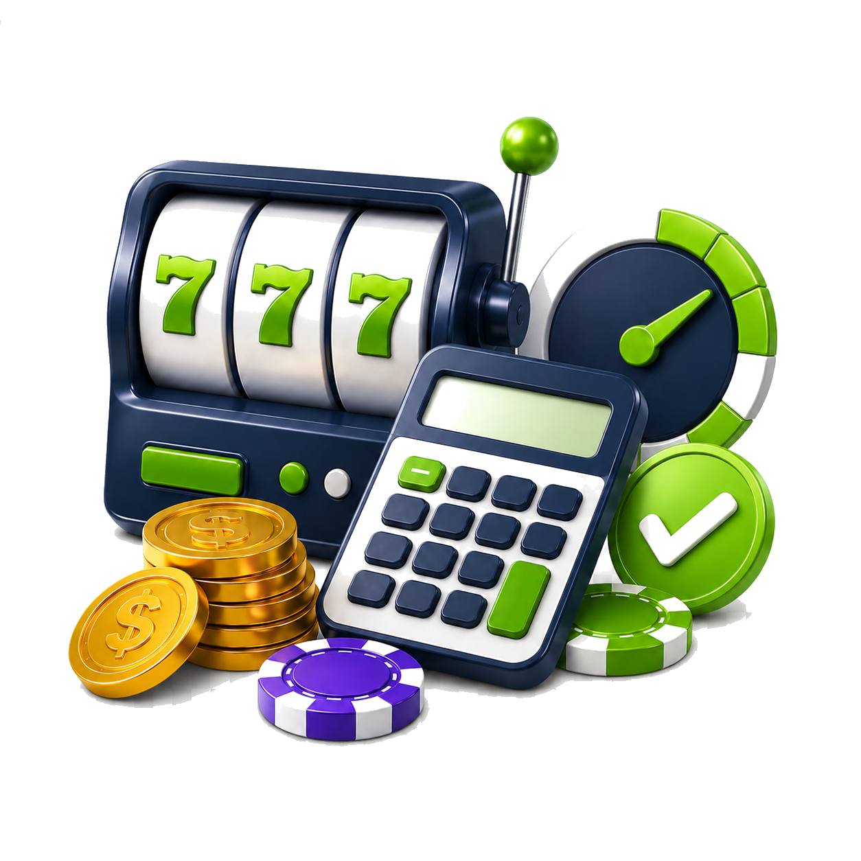 Casino Wager RTP illustration with slot reels, checklist and a magnifying glass.