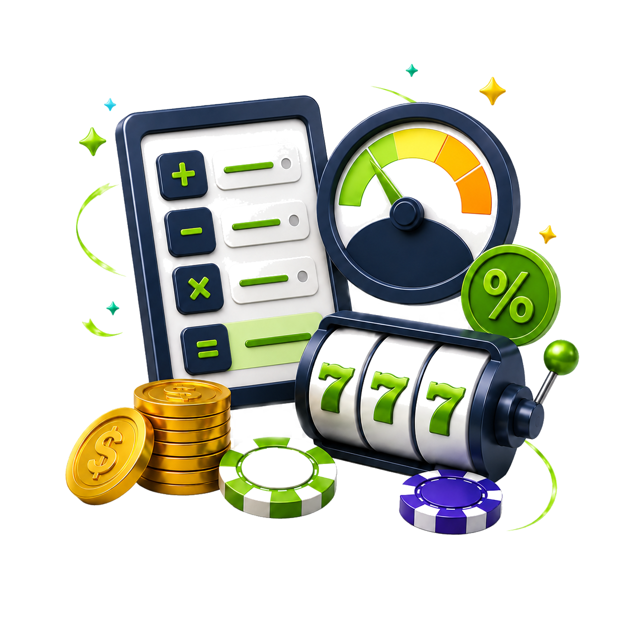 Casino Wager slot calculator illustration with a calculator, slot reels and a performance gauge.